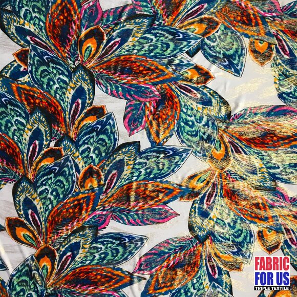 Peacock Feathers Red & Green With Micro Brush Tones Stretch Poly-Spandex Print F - Picture 1 of 4